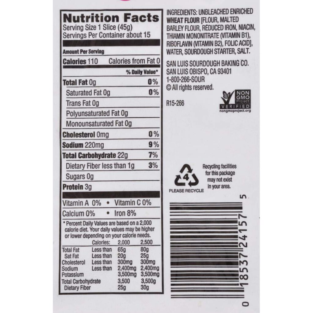 San Luis Sourdough Bread Nutritional Values